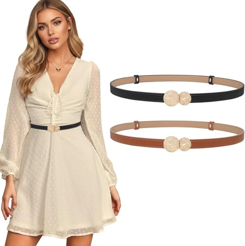 LEACOOLKEY 2 Stück schmal Gürtel Damen Taillengürtel Schmaler Verstellbarer dünner Ledergürtel mit goldene Schnalle für Kleid