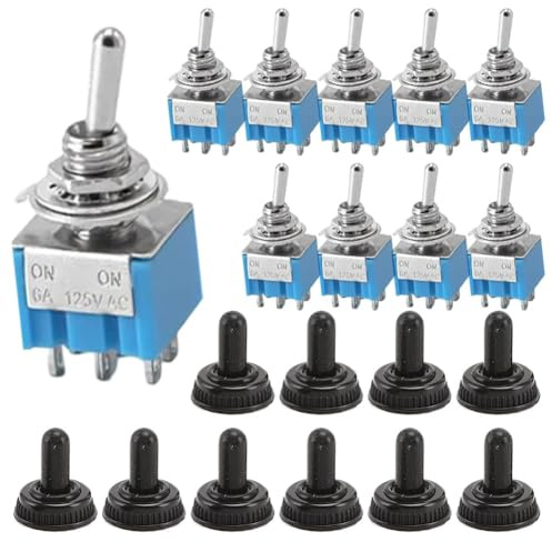 Gettimore Lot de 10 interrupteurs à bascule, 6 broches en métal, ON-ONON-OFF-ON SPDT, 125 V, avec capuchon étanche, bleu