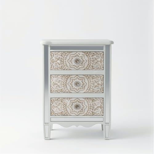 Mastro Bianco Comodino Boho Chic Virel con 3 Cassetti Decorati, Cassettiera con Inserti a Specchio e Piano in Vetro Specchiato, 48x30x66 cm, Mobile Elegante per Camera da Letto e Soggiorno