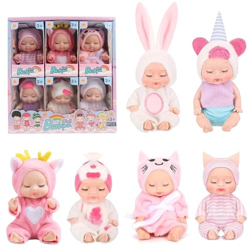 Jonuin Mini Reborn Dolls, 6 Pcs Sleeping Rebirth Dolls with Clothes, Miniature Reborn Dolls, Washable Lifelike Newborn Baby Doll, Realistic Small Baby Dolls for Kids Girls Boys (Pink Theme)