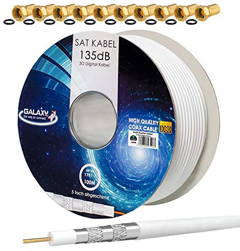 HB-DIGITAL SET: 100m Koaxial SAT Kabel 135db Weiß + 10x F-Stecker vergoldet | CCS (Stahl-Kupfer) Satellit Antennenkabel 5-Fach geschirmt für DVB-S/S2 DVB-C/C2 DVB-T/T2 DAB+ Radio BK Anlagen