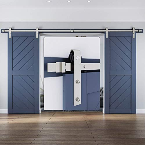 EaseLife 12 FT Brushed Nickel Double Sliding Barn Door Hardware Track Kit,Basic J Pulley,Heavy Duty,Slide Smoothly Quietly,Easy Install (12FT Track Kit for Double 36 Wide Door)