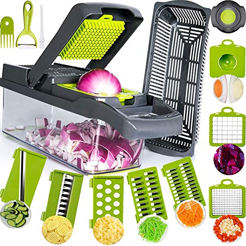 Cortador de verduras Mandoline 13 en 1, rebanador de verduras, verduras ralladas, picador de rallador de cocina multifunción con 7 cuchillas ajustables para rebanar, cortar verduras y rallar