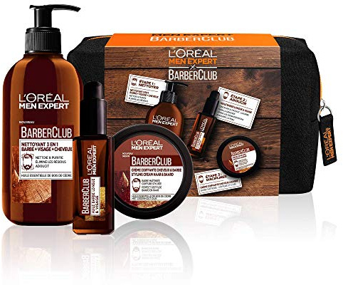 L'Oréal Men Expert BarberClub - Trousse Barbe + Visage + Cheveux pour Homme - Nettoyant 3-en-1 + Huile Barbe Longue + Crème Coiffante - À l'Huile Essentielle de Bois de Cèdre - Coffret 3 Produits
