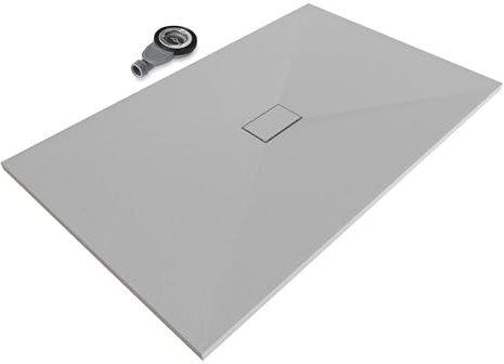 Moments of Glass SMC BOREAL Duschwanne 160x100 cm – extra flache Duschtasse (26 mm), rutschfest & robust, Schieferoptik, inkl. Ablaufgarnitur mit Deckel, Grau