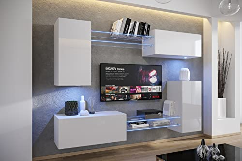 Furnitech Wohnwand Wohnzimmer | Wohnzimmer Möbel mit LED Blau | Hängend Wohnwand Modern | Wohnzimmer Schrankwand mit Regale und TV Schrank (AN57N-21W-HG2-1A)