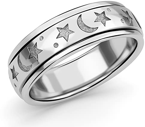 SHOP LC 925 Silber Spinner Ring für Damen und Herren, Anti-Stress Fidget Ring mit Mond & Stern Design, Meditationsschmuck, Drehband gegen Angst & Nägelkauen