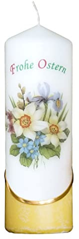 Meissner-Handel Auswahl * Osterkerze Stumpenkerze Osterdeko * 6 x 18 cm * mit farbigen Wachs- und Bildauflagen * Auswahl Motiv + Farbe * Gelb * (Motiv 017)