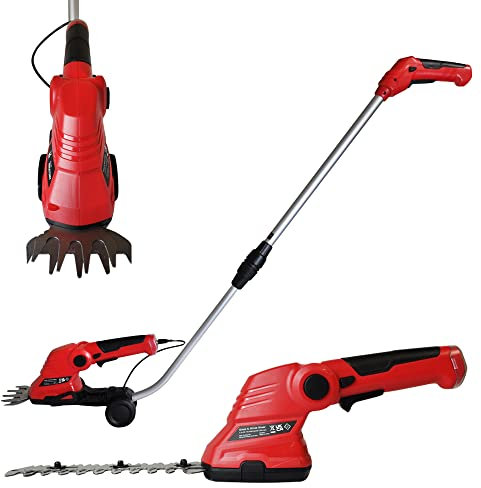 RocwooD 2 in 1 Garden Lawn Electric Cordless Handheld Grass Shears and Hedge Trimmer with Handle Edger Clipper Shrub Lightweight 7.2V Battery and Charger Included Red Black
