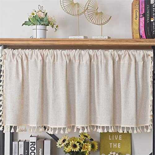 SAYT RLAE Kurze Scheibengardine Bistrogardine Blickdicht Boho Vorhang Leinen Baumwolle Beige Reine Unifarbe Kurzstore Gardinen mit Quasten für Küche Wohnzimmer Schlafzimmer,1 Stück, B150×H90cm