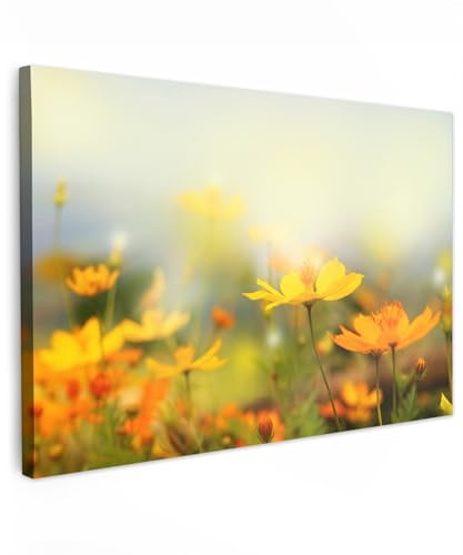 MuchoWow Leinwand Bilder, Einzigartige Wanddeko mit Rahmen, Blumen - Landschaft - Gelb, Wandbilder Wohnzimmer, Deko Schlafzimmer 90x60 cm