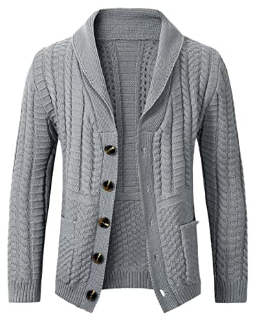 Wahuan Herrenmode Freizeit Feste Wolle Stricken Vielseitiger Stehkragen Langarm Langer Stil Strickjacke Mantel Männer Jacken Industrie (Grey, L)