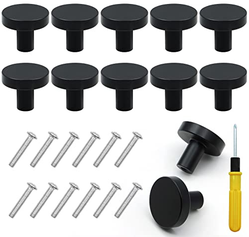 ZOCONE 12 Pcs Black Door Knobs, 29mm Round Cabinet Knobs with 12 Screws & Double-Ended Dual-Purpose Screwdriver Black Kitchen Drawer Knobs for Cupboard Wardrobe Furniture-Minimalist Modern Style