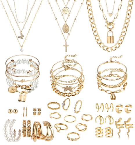 JeryWe 46 Stück Schmucksets für Damen mit 3 PCS Halskette 12 Stück Armbänder 9 Stk. Achsschenkel Ringe 10PCS Ear Cuff Ohrklemme Ohrringe und 12 Stk Vergoldete Ohrringe Schmuck-accessoires