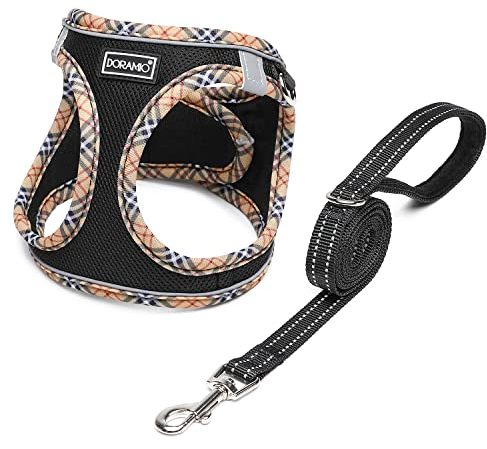 DORAMIO Hundegeschirr Kleine Hunde mit Leine, Step-in Geschirr Reflektierend Atmungsaktiv Brustgeschirr Anti Zug Sicherheitsgeschirr Katzengeschirr für Kleine Hunde, Katzen (Schwarz Gelb, S)