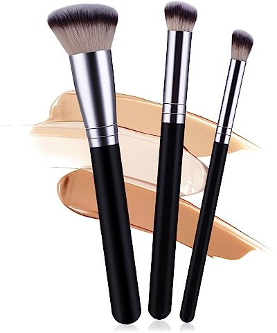 Bewudy 3 Stück Make-up Pinsel, Pincel para Base de Maquillaje y Pincel para Corrector, Pincel de Maquillaje de Sintética Profesional para Base de Maquillaje Flüssige, Creme, Puder, Rouge