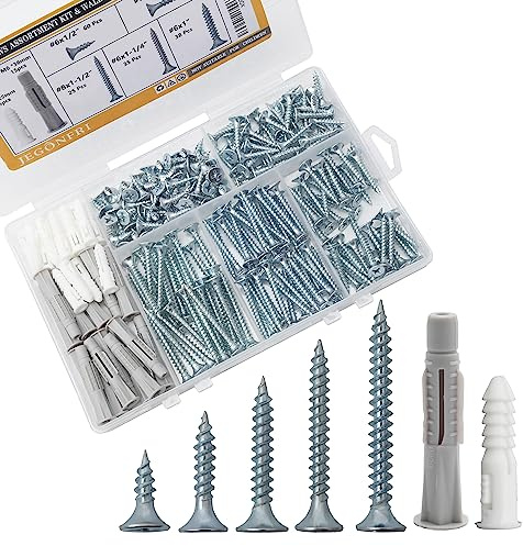 JEGONFRI High Hardness Wood Screws Assortment Kit and Plastic Wall Anchors, 203 pcs 1/2 to 1-1/2 Phillips Drive Flat Head Screws & 30 pcs M6 Drywall Anchors