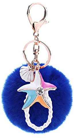 Canarea Keychain Elegant Plüsch-Kugel Schlüsselanhänger Plüsch Ball Taschenanhänger Bling Seesterne Bommel Auto-Anhänger Pompom Weich Schlüsselring Mode Anhänger (Blau)