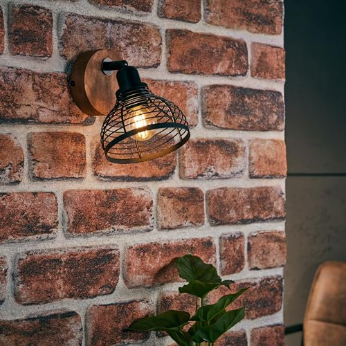 Lightbox Vintage Wandspot - 17 x 12 x 20 cm - industrieller Wandstrahler mit Gitter Schirm & schwenkbaren Köpfen - E14, max. 40 W - aus Metall/Holz - in Schwarz/Braun