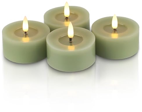 Rhytsing Lot de 4 bougies votives vert olive sans flamme avec minuteur, bougies LED en cire véritable au design en surface réfléchissante en cire d'huile pour le printemps et l'été - D7cm x H3cm