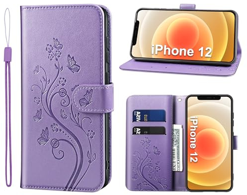 KRAFTCARE Lederhülle kompatibel mit iPhone 12 Hülle, Flip Wallet 12 Pro Handyhülle mit Kartenfach Ständer Premium PU Leder Klapphülle Schutzhülle für iPhone 12/12 ProLila | Premium PU Leder mit Prägung, Kartenfach, Ständer, Magnetic Closure, RFID Blockierung, Flip Wallet Handyhülle, Lila