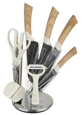 KASANOVA Ceppo 4 coltelli, pelaverdure, forbici e affilacoltelli effetto legno