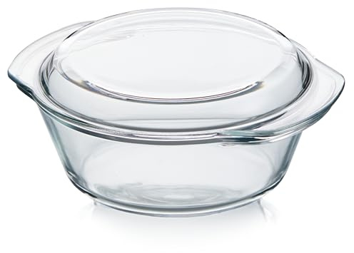 KHG Auflaufformen aus Glas mit Deckel 1 Liter Rund für kalte & warme Speisen, spülmaschinenfest, mikrowellengeeignet, Glasbräter Glasform Backform, 21x9x18 cm