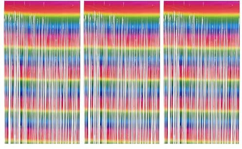 KYSUN 3 Piezas Cortinas de Flecos Arco Iris, 1x2m Cortina Lámina Franjas, Decoraciones de Fiesta Arcoiris, Cortinas de Oropel Metálicas, Cortina de Borla Decoracion Bodas Cortinas Metálicas Coloridas