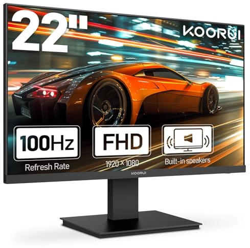 KOORUI 22 Inch FHD Monitor, 100Hz, 4ms, VA, Adaptive Sync, 1080P Screen with 2 Speakers, 1x HDMI, 1 x VGA, Low Blue Light Mode, Anti-glare, Tilt Adjustment, VESA Mountable, Black