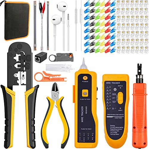 MAYLINE Kit outil Réseau, Professionnel Kit Réseau Informatique, Testeur de Câble Réseau RJ45 RJ11 Cat5e Cat6 Cat7 Outil de Sertissage/Pince à Sertir, 50pcs RJ45 Connecteurs en Cristal (Jaune)