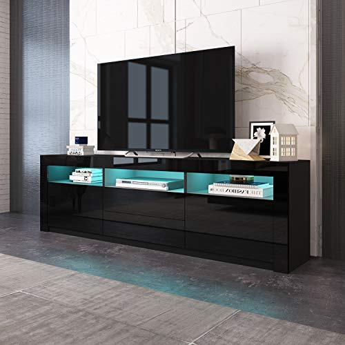 Senvoziii Black Gloss TV Unit with 2 Drawers 2 Doors, TV Eentertainment Units for Living Room, 160cm Led Light TV Stand Storage Cabinet, Modern Sideboard TV Stand Unit