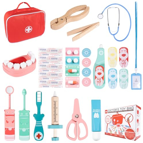 Carehabi Kinder Arztkoffer Holz Spielset mit Echtem Stethoskop, Doktorkoffer für Rollenspiele, Zahnarzt Spielzeug für Kinder ab 3 Jahren