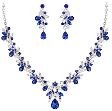 Clearine Conjunto de joyería de disfraz para fiesta de graduación Gota Hoja de strass Cristal Colgante Collar y Pendientes Tono plateado claro, Cristal