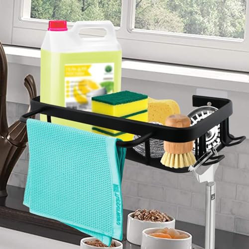 Huiyoulan Küchen Spülbecken Organizer,Spülbecken Organizer Hängend,Edelstahl Spülbecken Organizer Schwarz mit Handtuchhalter und Haken,Zur Aufbewahrung von Küchenutensilien wie Schwämmen und Bürsten