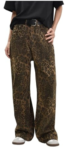 AIGOUT Jeans de pierna ancha para mujer, pantalones de mezclilla con estampado de leopardo marrón para mujer, holgados, pierna ancha, vintage, casual, Y2K, pantalones grunge, pantalones de estilo