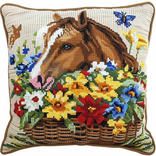 RKFLGEW DIY knüpfen set erwachsene Pferd und Blumenkorb knüpfkissen Cartoon-Tiere Knüpfhaken-Kissen-Set，DIY-Kissenbezug zum Basteln，bedruckte Leinwand für Anfänger，Stickerei，Bastelkissen 43x43cm