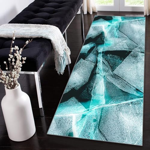Siunwdiy Teppich Läufer Flur Küche rutschfest Waschbar 90x380cm Korridor Teppich Schwarz türkis Eiswürfelmuster Küchenläufer Lang Abstrakt Teppichläufer Flurteppich Küchenteppich Meterware Anpassbar