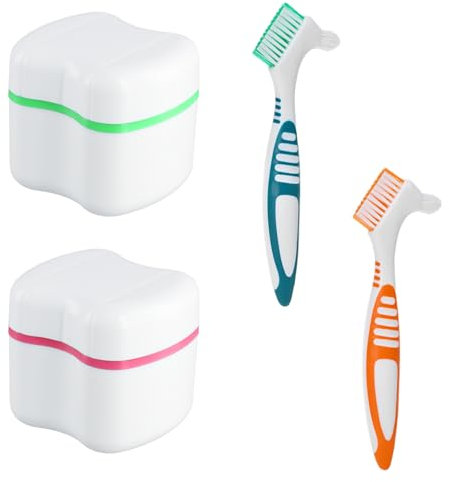 2 Stück Zahnersatz-Reinigungsbürste, Tragbare Reinigungsbürste, 2 Prothese Box, Falsche Zähne Bürste, Zahnprothesenbürste, Prothesenbürste Doppelter Kopf, Prothesenzahnbürste Bürste (rosa, grün)