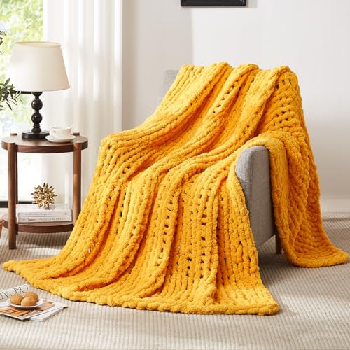 L'AGRATY Grobstrickdecke, Überwurf, weiche Überwurfdecke, 100 % handgestrickt, Chenile, gehäkelt, Überwurf für Heimdekoration, Senfgelb