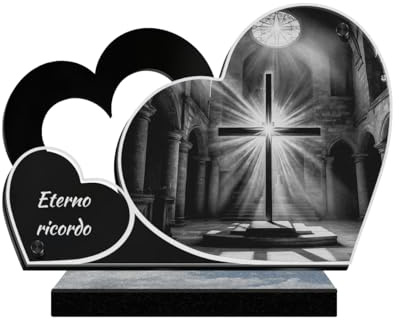 ETERNEL - Targa Funeraria Personalizzata Doppio Cuore - Croce Cristiana, Chiesa, Cristiano - Testo personalizzabile, targa funeraria incisa al laser per omaggio, targa mortuaria, tombale, esequie