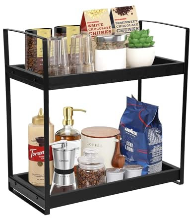 Gzsekken 2 Tier Coffee Station Organizer, Wooden Bar Accessories Caddy, Standing Kitchen Storage Shelf for Home, Office - Black