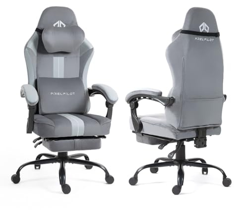 PixelPilot®Ergonomischer Gaming Stuhl [Atmungsaktiver Stoff] Chair mit Fußstütze, Kopf- und Lendenwirbelstütze, Gamer PC Stuhl [breite Sitzfläche] Bürostuhl 150 kg Belastbarkeit(Nebula, Original Gray)