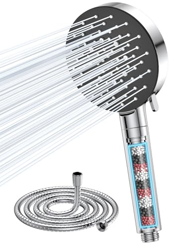 VOXON Duschkopf mit Filter, Wassersparender Duschkopf mit Schlauch und 6 Strahlarten, Hochdruck Handbrause mit 3-Lagen-Filtration für Hartes Wasser, Rest-Chlor, Bakterien, Schwermetall