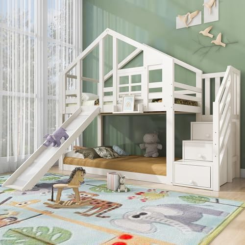 Gegtuon Etagenbett Bett 90x200, Kinderbett Hochbett Hausbett mit Stauraum Treppe und Dach, Holzbett Bettgestell mit Fenster und Rutsche, Bett mit Lattenrost und Rausfallschutz, ohne Matratze (Weiß B)