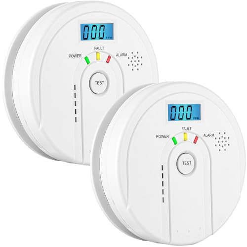 Carbon Monoxide Detector 2 Pack, Battery Operated Carbon Monoxide Alarm with LCD Digital Display, EN 50291 CO Alarms Monitor for Home Safety (AA Battery NOT Included)