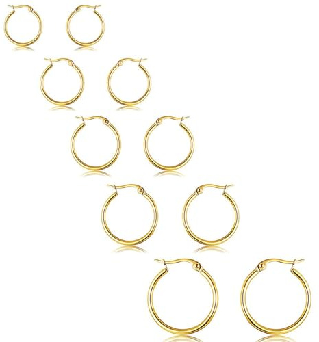 WOZNU 5 Paires Creoles Acier Inoxydable Boucles d'oreilles Femme Homme Hypoallergénique Boucles d'oreilles Créoles Or/Argent Femme Fille 10/12/15/20/25mm Or