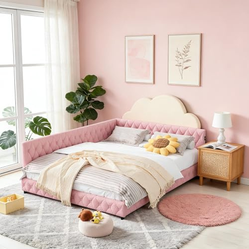 PerGar Polsterbett Schlafsofa 140x200 mit LED-Beleuchtung und Aufladen USB, Gästebett Daybett Tagesbett Sofabett Multifunktionsbett mit Lattenrost, Samtstoff, Ohne Matratze, Rosa