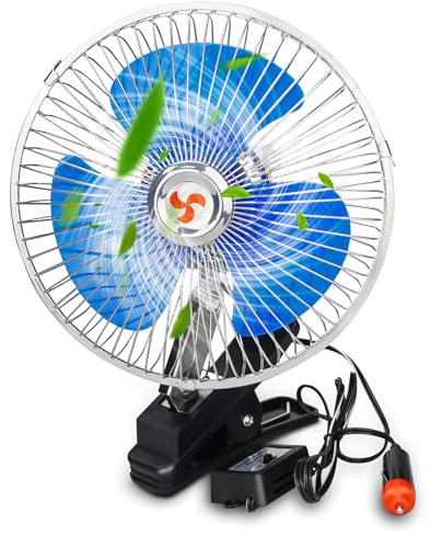 Ventilateur de voiture 8 pouces bleu allume-cigare 12V, rotation à 360 degrés, deux vitesses réglables, design à clipser, pour voitures, camions, camping-cars et plus (longueur du câble : 150 cm)