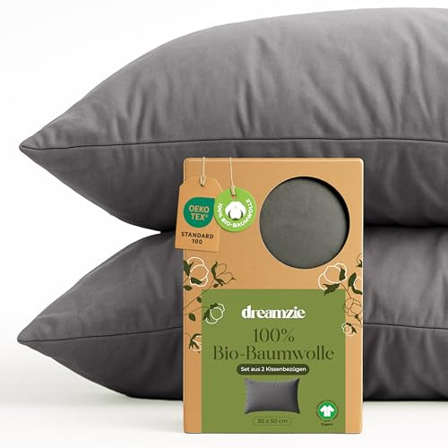 Dreamzie - Kissenbezug 30x50cm - 2er Set - 100% Bio-Baumwolle - Anthrazit | GOTS & Oeko-Tex zertifiziert · mit Reißverschluss · Kopfkissenbezug & Kissenhülle · Jersey · atmungsaktiv · waschbar 60°C
