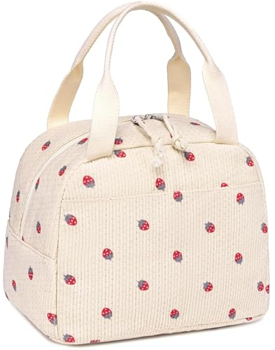 Kühltasche Klein Praktische Picknicktasche Isolierte Lunchtasche mit Erdbeer Muster Lunchtasche Damen Mini Kühltasche Lunchbox Tragbar für Arbeit, Schule, Picknick(Erdbeer Beige)